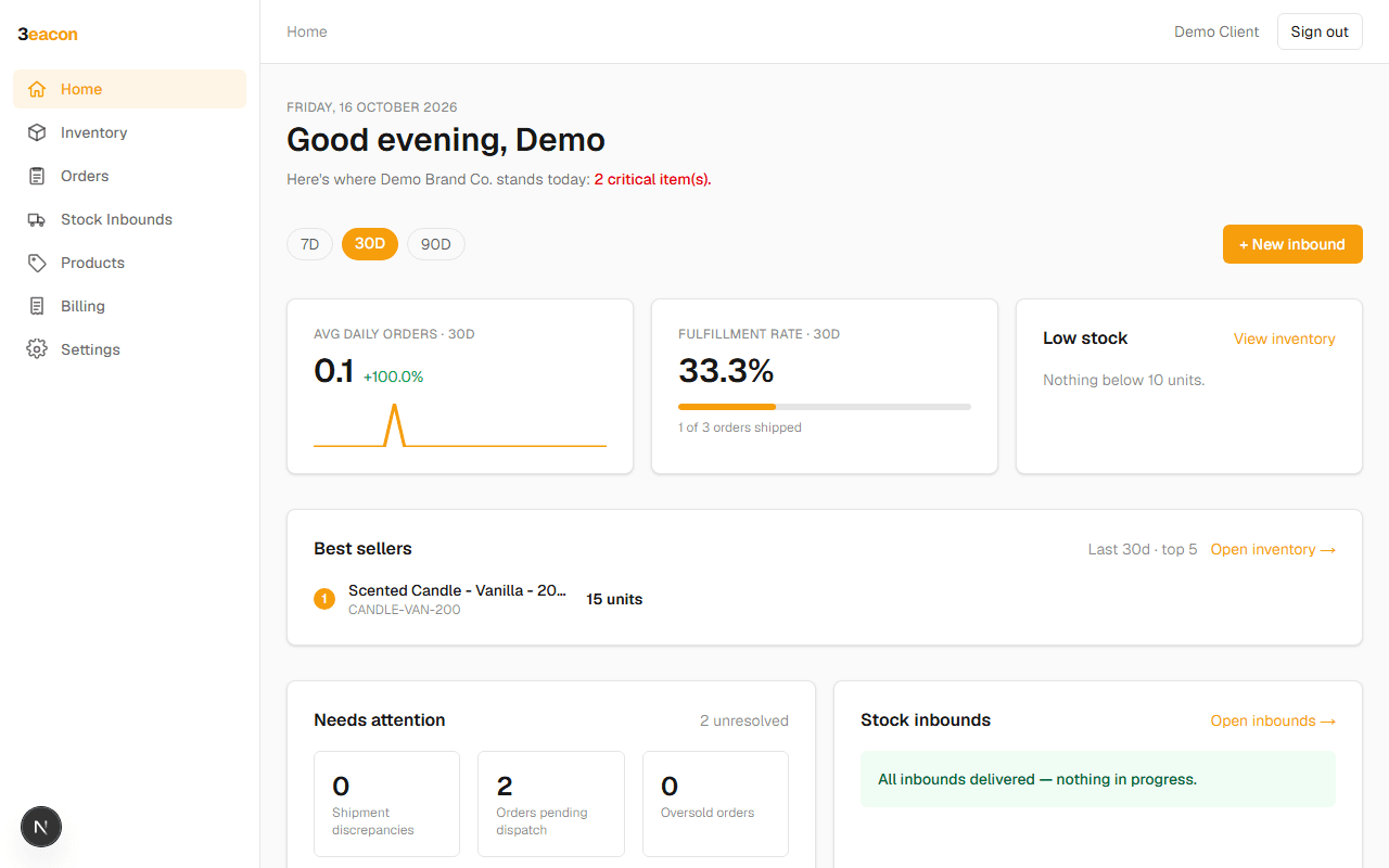 3eacon client portal dashboard showing inventory, orders and fulfillment stats